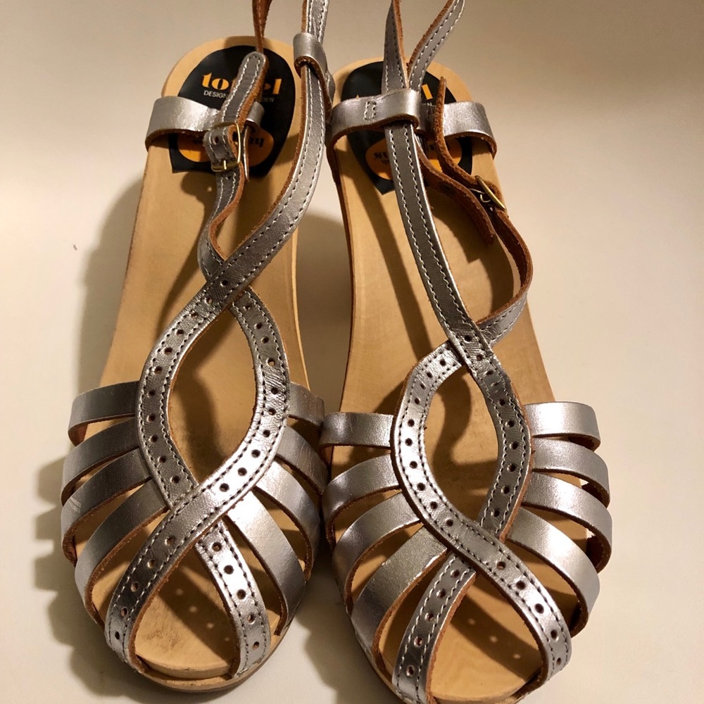 Swedish Hasbeens Metallic Silver Peep Toe Clogs